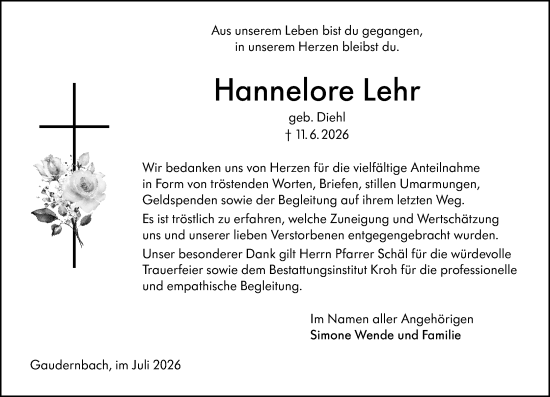 Traueranzeige von Hannelore Lehr von Weilburger Tageblatt