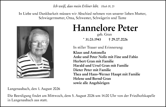 Traueranzeige von Hannelore Peter von Dill Block