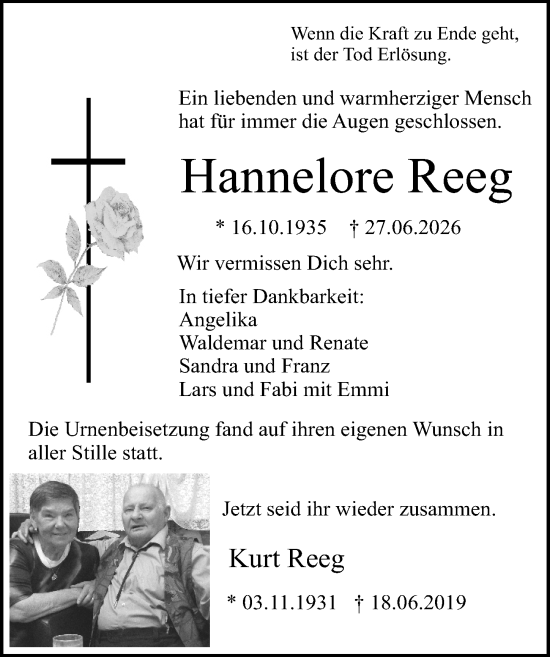 Traueranzeige von Hannelore Reeg von Darmstädter Echo