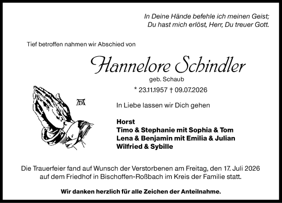 Traueranzeige von Hannelore Schindler von Wetzlarer Neue Zeitung