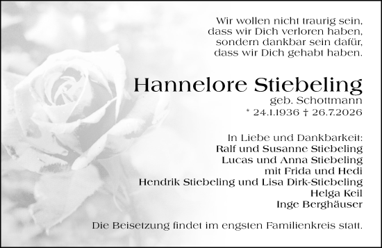 Traueranzeige von Hannelore Stiebeling von Wetzlarer Neue Zeitung