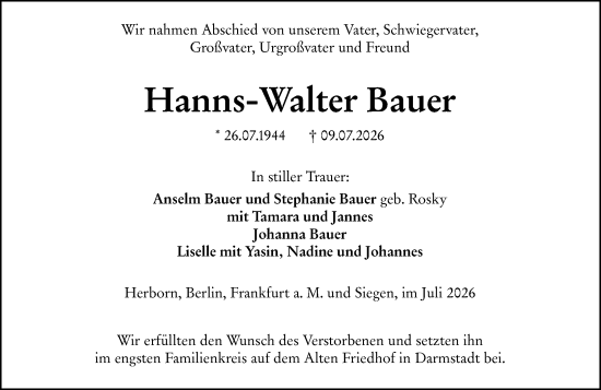 Traueranzeige von Hanns-Walter Bauer von Dill Block