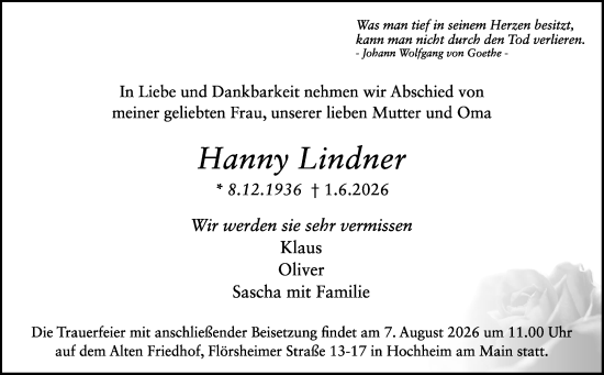 Traueranzeige von Hanny Lindner von Hochheimer Zeitung