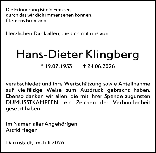 Traueranzeige von Hans-Dieter Klingberg von Darmstädter Echo