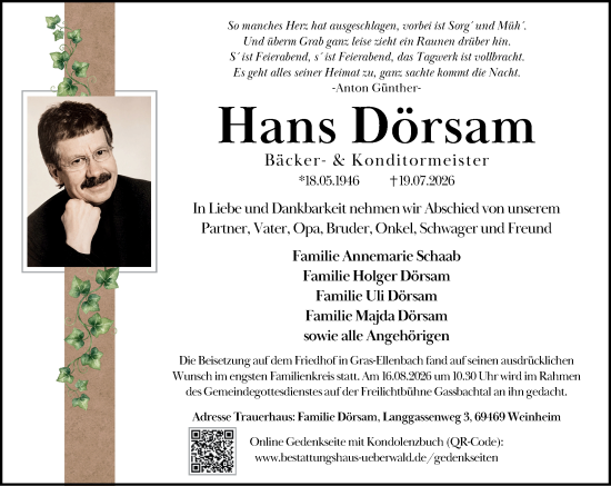 Traueranzeige von Hans Dörsam von Starkenburger Echo