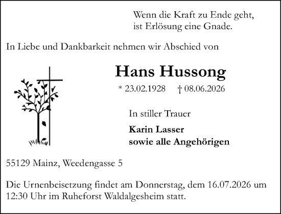 Traueranzeige von Hans Hussong von Allgemeine Zeitung Mainz