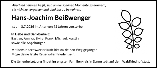Traueranzeige von Hans-Joachim Beißwenger von Darmstädter Echo