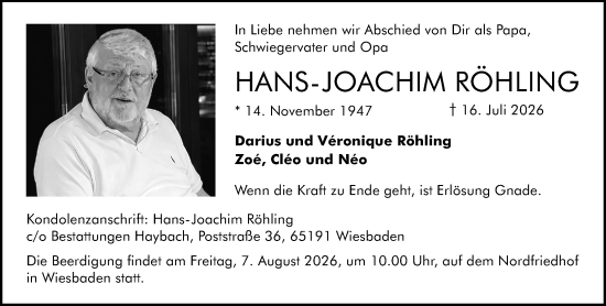 Traueranzeige von Hans-Joachim Röhling von Wiesbadener Kurier