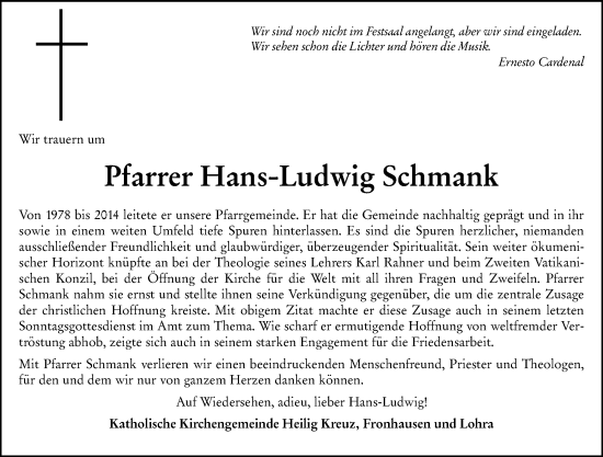 Traueranzeige von Hans-Ludwig Schmank von Hinterländer Anzeiger