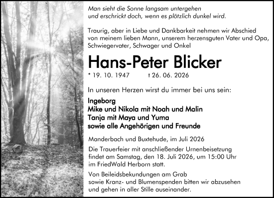 Traueranzeige von Hans-Peter Blicker von Dill Block