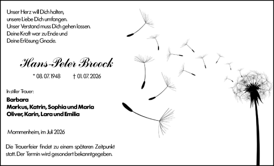 Traueranzeige von Hans-Peter Broock von Rheinhessen Wochenblatt