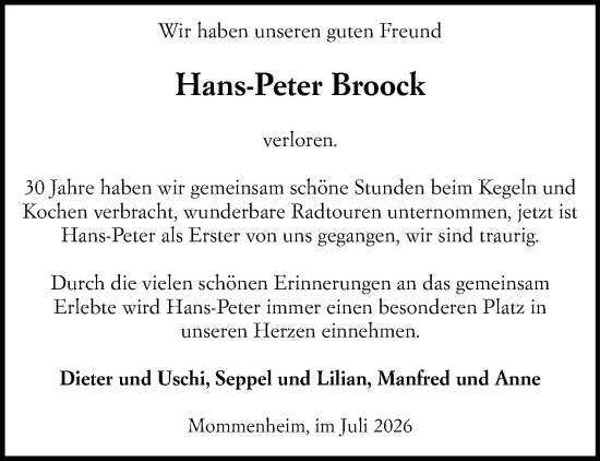 Traueranzeige von Hans-Peter Broock von Allgemeine Zeitung Mainz