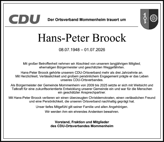 Traueranzeige von Hans-Peter Broock von Allgemeine Zeitung Mainz