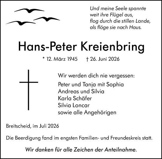 Traueranzeige von Hans-Peter Kreienbring von Dill Block