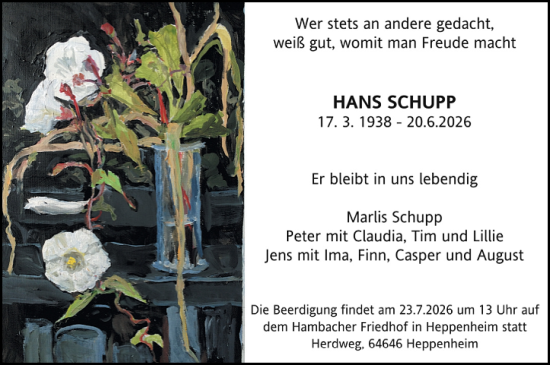 Traueranzeige von Hans Schupp von Starkenburger Echo