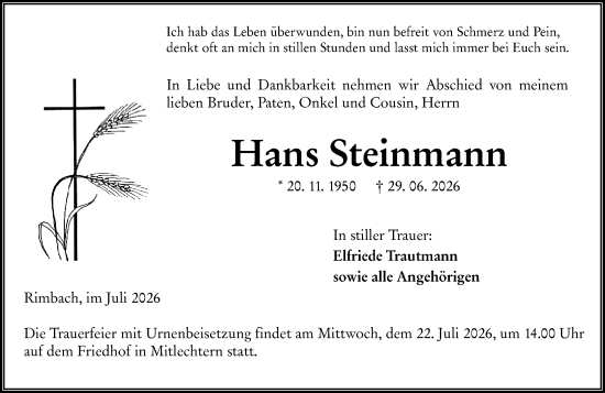 Traueranzeige von Hans Steinmann von Starkenburger Echo