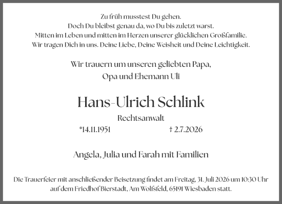 Traueranzeige von Hans-Ulrich Schlink von Wiesbadener Kurier