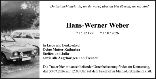 Traueranzeige von Hans-Werner Weber von Allgemeine Zeitung Mainz