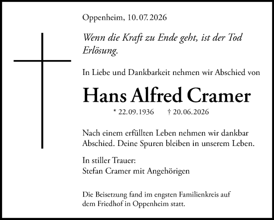 Traueranzeige von Hans Alfred Cramer von Allgemeine Zeitung Mainz