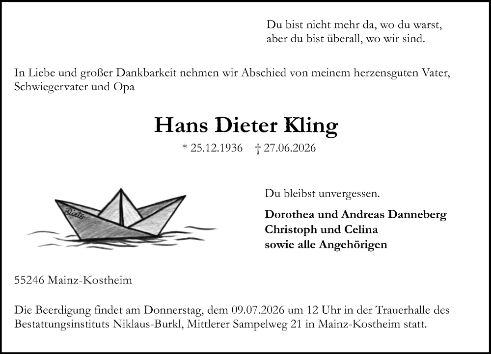  Traueranzeige für Hans Dieter Kling vom 04.07.2026 aus Allgemeine Zeitung Mainz