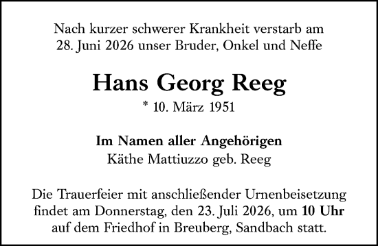 Traueranzeige von Hans Georg Reeg von Odenwälder Echo