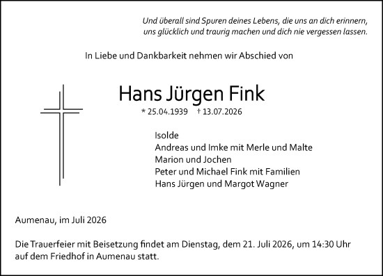 Traueranzeige von Hans Jürgen Fink von Weilburger Tageblatt