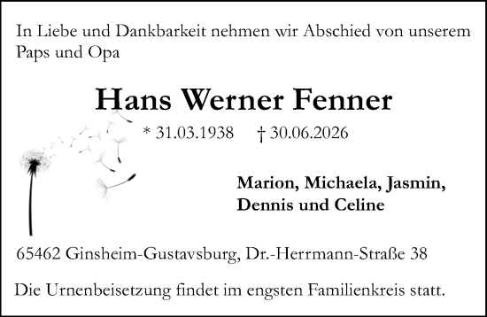 Traueranzeige von Hans Werner Fenner von Allgemeine Zeitung Mainz