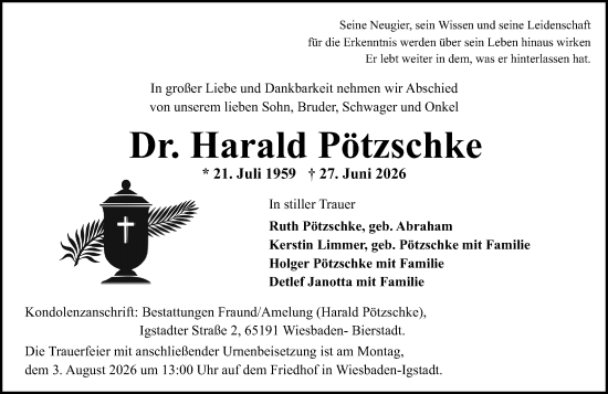 Traueranzeige von Harald Pötzschke von Wiesbadener Kurier