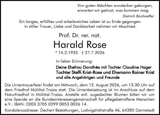 Traueranzeige von Harald Rose von Darmstädter Echo