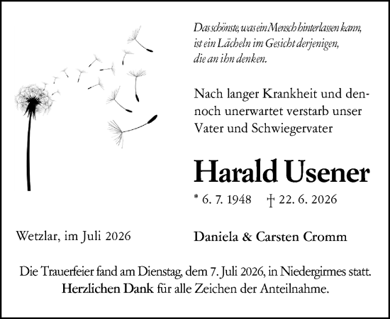 Traueranzeige von Harald Usener von Wetzlarer Neue Zeitung