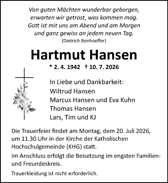 Traueranzeige von Hartmut Hansen von Allgemeine Zeitung Mainz