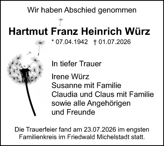 Traueranzeige von Hartmut Franz Heinrich Würz von Darmstädter Echo