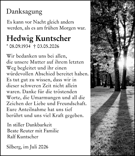 Traueranzeige von Hedwig Kuntscher von Hinterländer Anzeiger