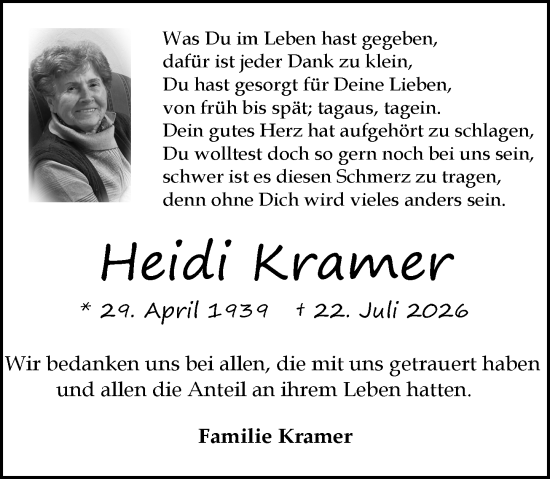 Traueranzeige von Heidi Kramer von Rheingau-Taunus-Kreis Wochenblatt