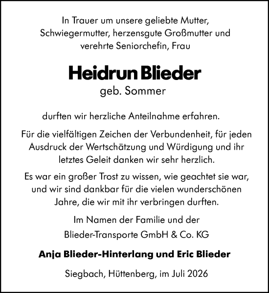 Traueranzeige von Heidrun Blieder von Hinterländer Anzeiger