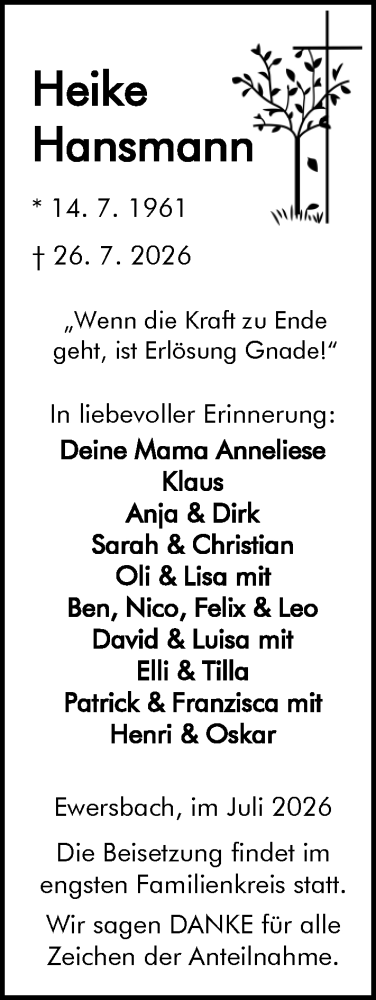 Traueranzeige von Heike Hansmann von Dill Block
