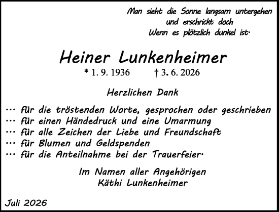 Traueranzeige von Heiner Lunkenheimer von Binger-/Ingelheimer Wochenblatt