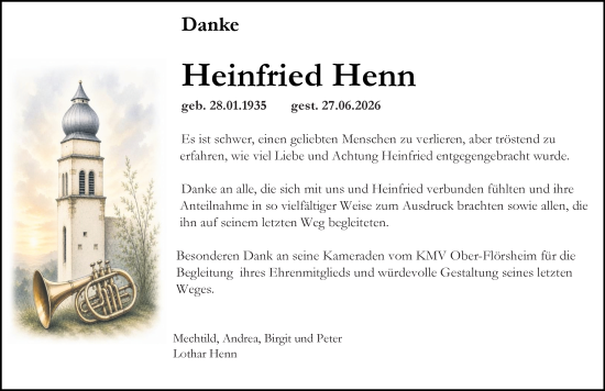 Traueranzeige von Heinfried Henn von Allgemeine Zeitung Alzey