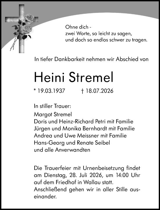 Traueranzeige von Heini Stremel von Hinterländer Anzeiger