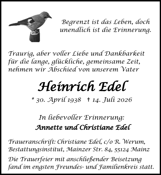 Traueranzeige von Heinrich Edel von Allgemeine Zeitung Mainz