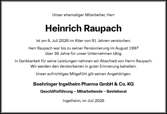 Traueranzeige von Heinrich Raupach von Allgemeine Zeitung Rheinhessen-Nahe