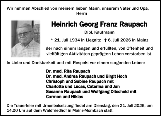 Traueranzeige von Heinrich Georg Franz Raupach von Allgemeine Zeitung Rheinhessen-Nahe