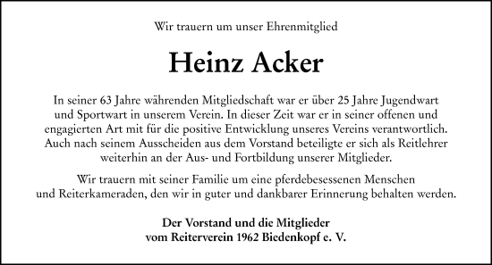 Traueranzeige von Heinz Acker von Hinterländer Anzeiger
