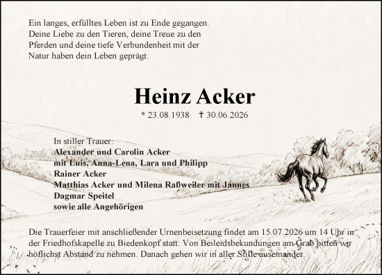 Traueranzeige von Heinz Acker von Hinterländer Anzeiger