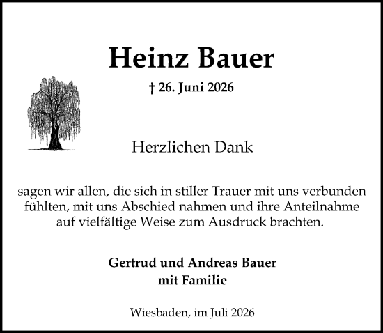 Traueranzeige von Heinz Bauer von Wiesbadener Kurier