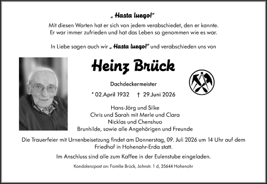 Traueranzeige von Heinz Brück von Wetzlarer Neue Zeitung