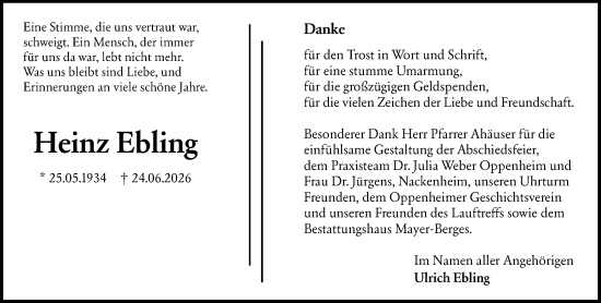 Traueranzeige von Heinz Ebling von Allgemeine Zeitung Mainz