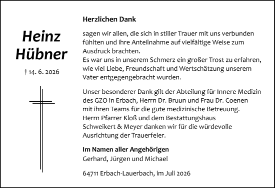 Traueranzeige von Heinz Hübner von Odenwälder Echo