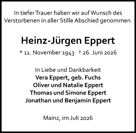 Traueranzeige von Heinz-Jürgen Eppert von Allgemeine Zeitung Mainz
