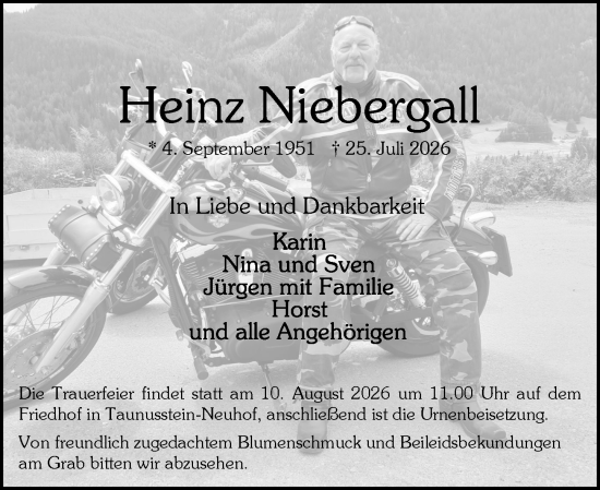 Traueranzeige von Heinz Niebergall von Wiesbadener Kurier